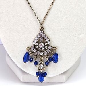 VINTAGE Victorian Revival Rhinestone and Blue Pendant Gold-Tone Necklace